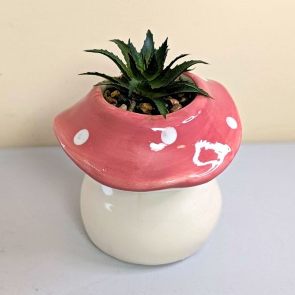 Glazed Ceramic Mushroom Flower Pot Planter Pink/White 6in L 4in H Small